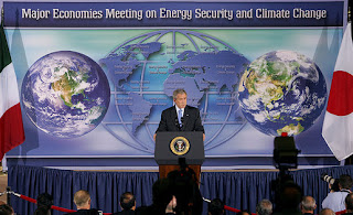 President George W. Bush addresses the Major Economies Meeting on Energy Security and Climate Change Friday, Sept. 28, 2007, at the U.S. State Department. 'The nations in this room have special responsibilities,' said the President. 'We represent the world's major economies, we are major users of energy, and we have the resources and knowledge base to develop clean energy technologies.' White House photo by Chris Greenberg