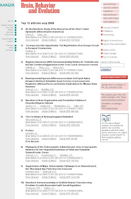 Brain, Behavior, and Evolution top 10 articles list for July 2009