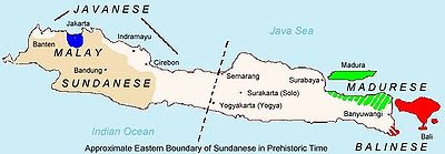 Map of Javanese language distribution (in white). The homeland of the Javanese people is almost identical to the language distribution.