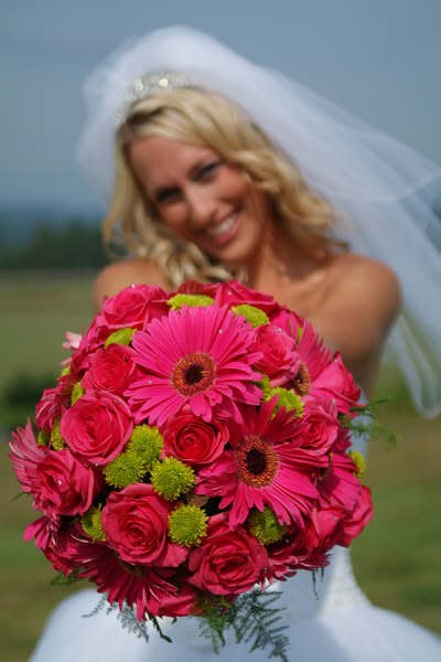 Pink Gerbera and Roses Wedding Bouquet Inspirations Hot pink gerbera 