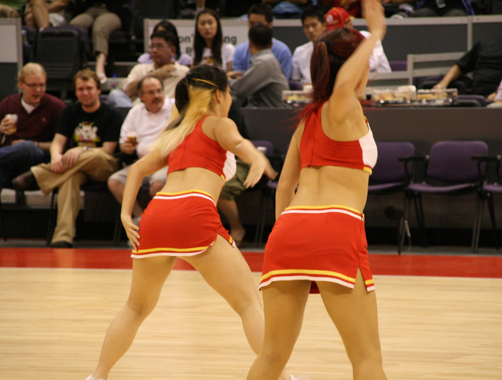 Sexy cheerleaders bent over in white panties.