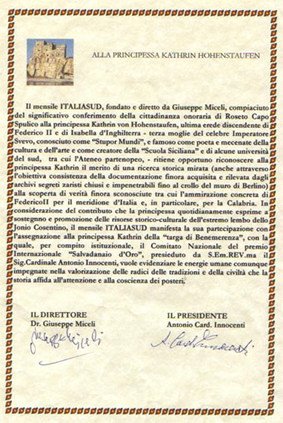 Charter  premio per gli studi sindonici della principessa  Hohenstaufen