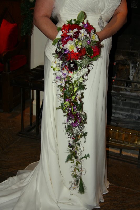 Fabulous Filigree Cascade Wedding Bouquet in Ivory Raspberry