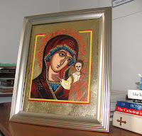 Virgin of Kazan, handpainted, hand-written, on glass, WindowIntoHeaven, Anna Edelman, buy