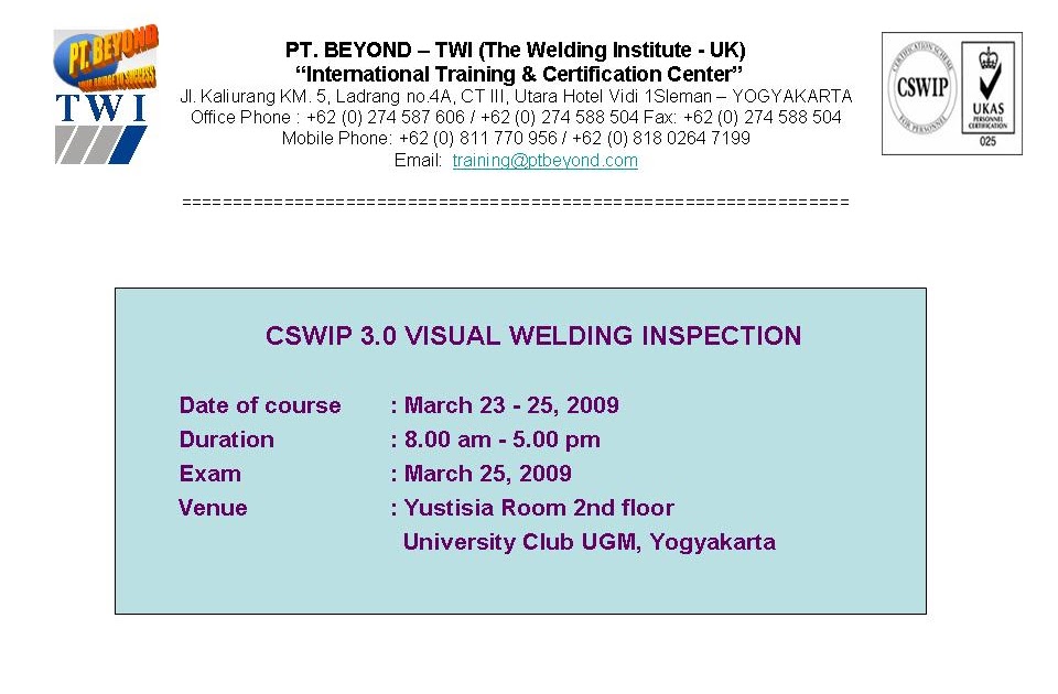 TWI Training & Certification at PT. BEYOND CSWIP 3.0 Visual Welding Inspection