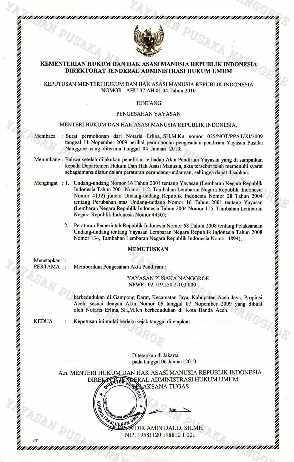 Surat Keputusan Menteri HAM RI Tenang Yay Pusaka Nanggroe