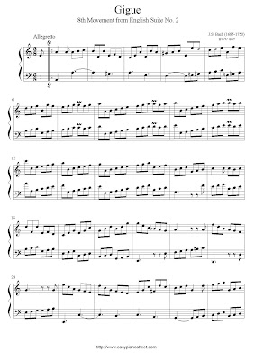 Partitura de piano gratis de Johann Sebastian Bach: Gigue (Octavo movimiento), Suite No.2 (BWV 807)
