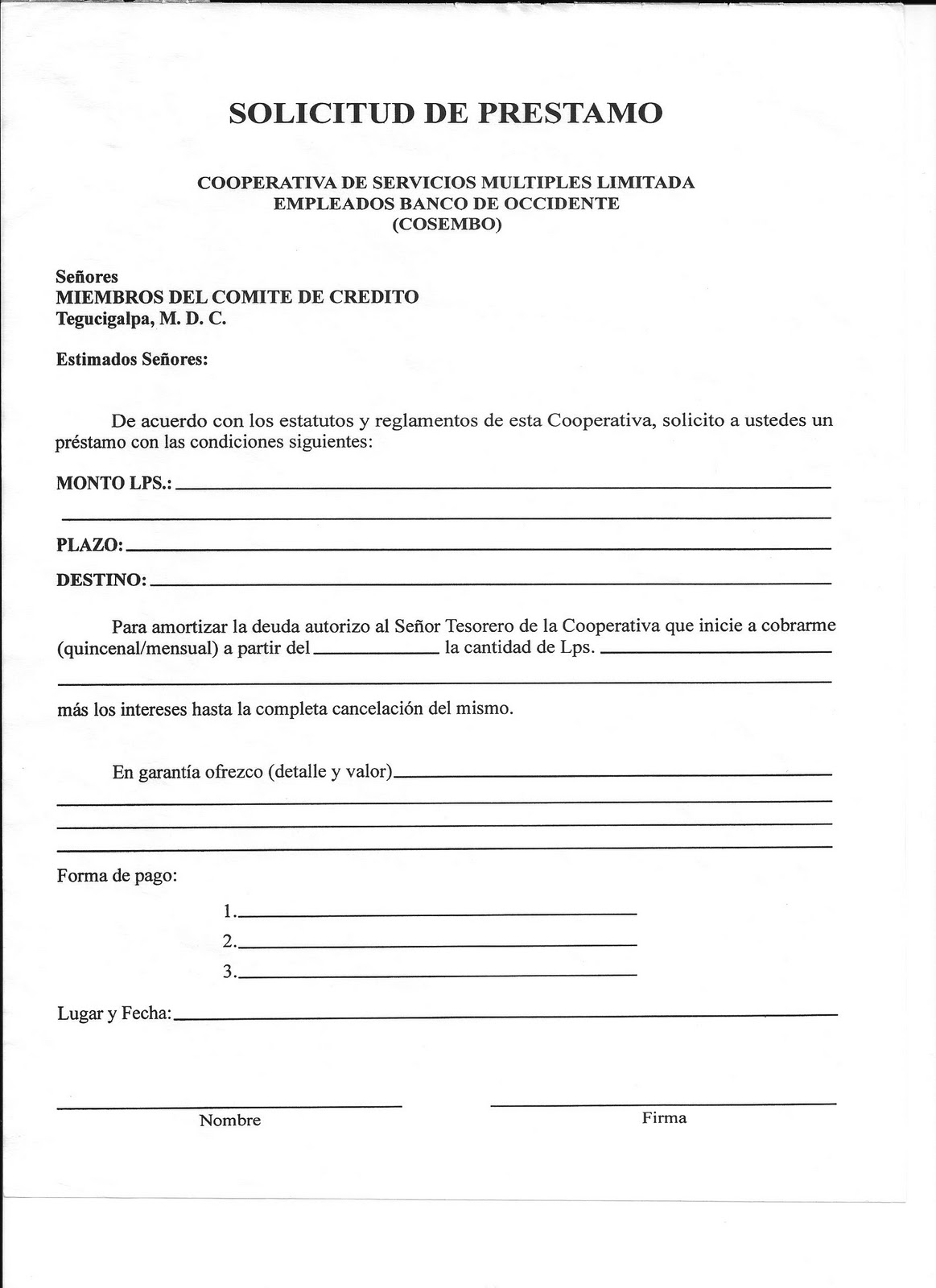 COOPERATIVA DE EMPLEADOS BANCO DE OCCIDENTE, S.A.: SOLICITUD DE