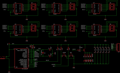 Schematic of a Digital Clock using PIC16F627a or PIC16F628 and Led 7-Segment with showing second