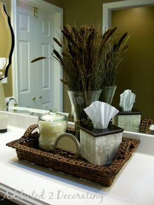 Master bathroom makeover--new accessories on a woven tray