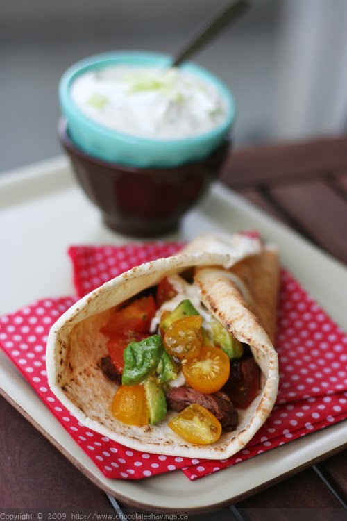 Chocolate Shavings Pita Sandwiches with Flank Steak, Tomato and