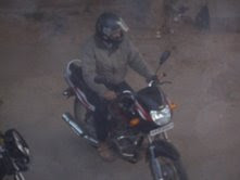 Mr Jatheesh.Nambiar on his motorcycle to work in Bangalore.