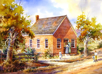 Roland Lee watercolor painting of old historic Bloomington school house