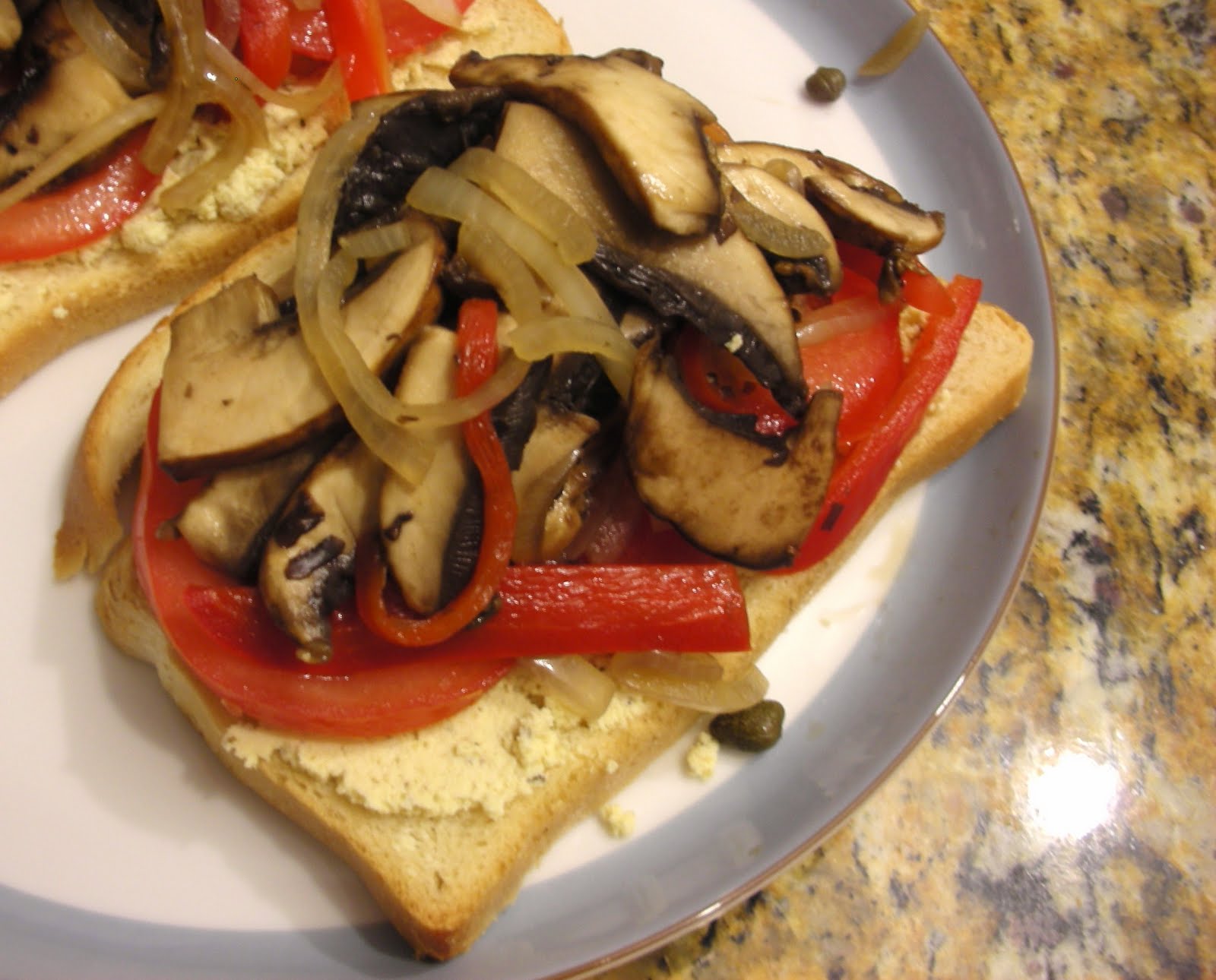 Everyday Vegan OpenFaced Mushroom, Tomato, and GoatCheese Sandwich