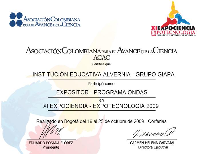 Certificado de Participación en expociencia 2009