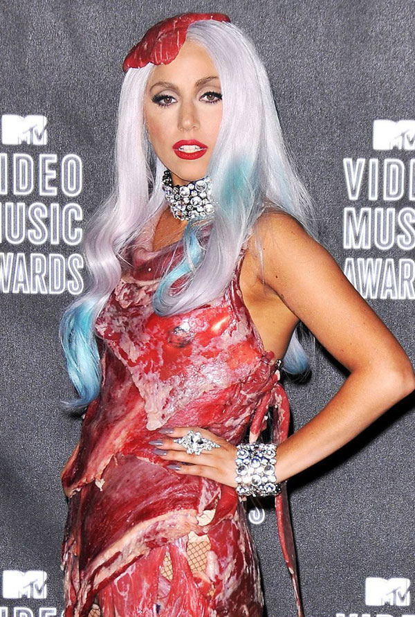 lady gaga outfits meat. lady gaga meat dresses.