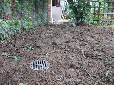 finished yard drain, backfill, dirt, gutter 