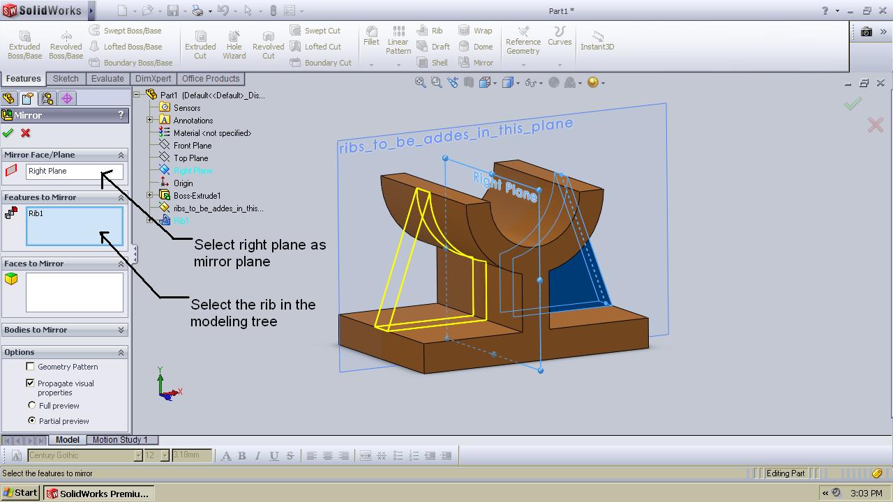 Solidworks modeling tutorials of the rib and mirror feature