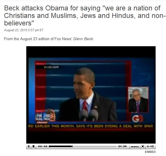 Beck attacks Obama for saying "we are a nation of Christians and Muslims...