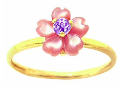 Yellow Gold Pink Mother of Pearl Exotic Blossom and Tanzanite Ring Yellow Gold Pink Mother of Pearl Exotic Blossom and Tanzanite Ring