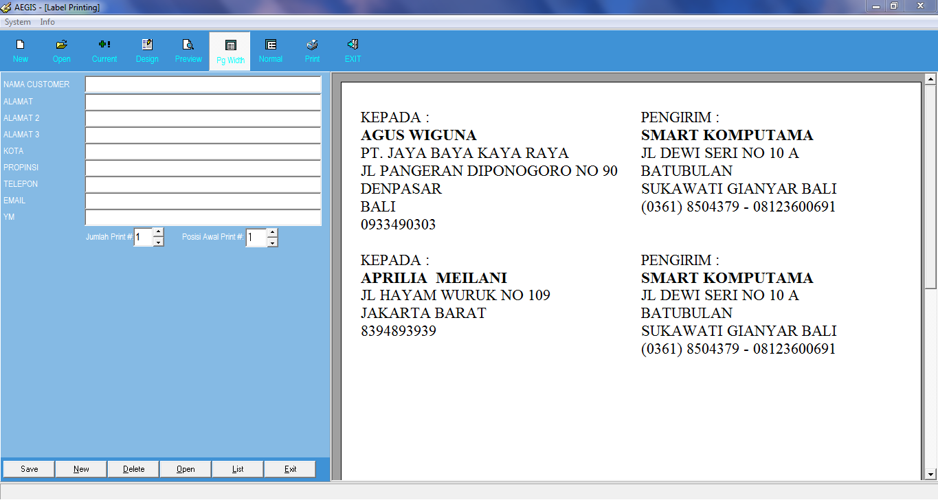 AEGIS Label Printing Program Untuk Mencetak Label Alamat