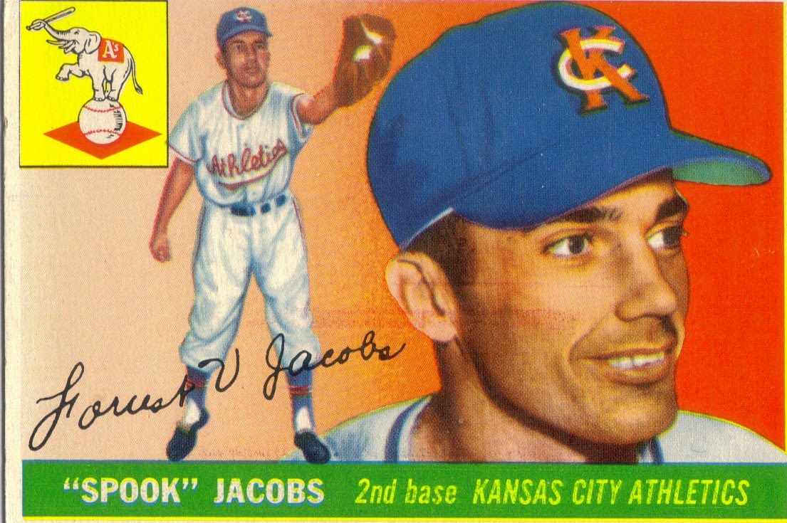 foul bunt 1955 Topps 61 Spook Jacobs