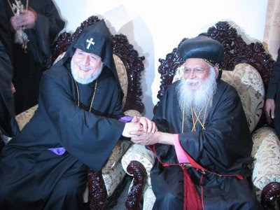 The Catholicos of All Armenians , His Holiness Karekin II and the Catholicos of the East, His Holiness Baselios Marthoma Didymus I at the Catholicosate Palace, Devalokam on the evening of the 5th of November, 2008