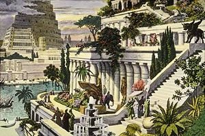 16e eeuwse  benadering van de “hangende tuinen van Babylon”, Martin Heemskerck