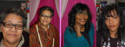 Two ladies who each won a make-over, posing for their before and after pictures.