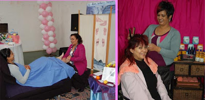 Two ladies each receiving their Mother's day gift, The first having a foot massage and the second a hair-do.