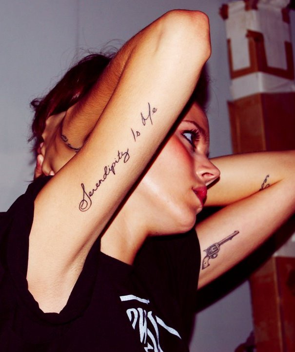 I want all Freja Beha's tattoos. I love the idea of having a script tattoo, 