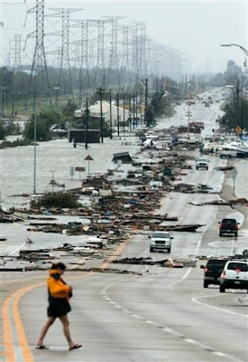 Post-Ike debris across Highway 146 on bridge Kemah to Seabrook, TX, 13 September 2008 -- AP Photo by Frank Franklin II