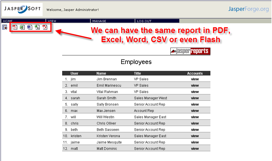 Employeee list report, different formats available
