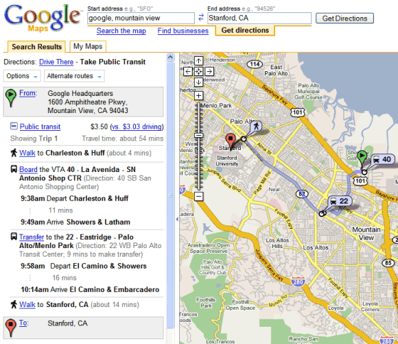 Public Transit Directions in Google Maps