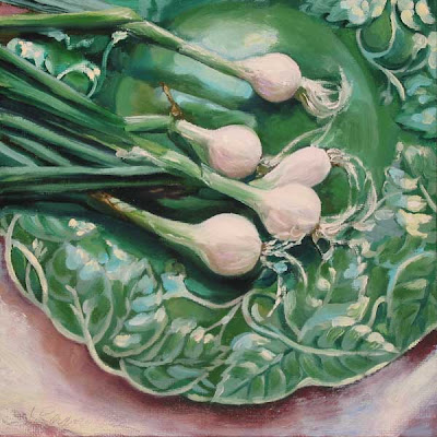 spring onions on majolica platter oil on canvas