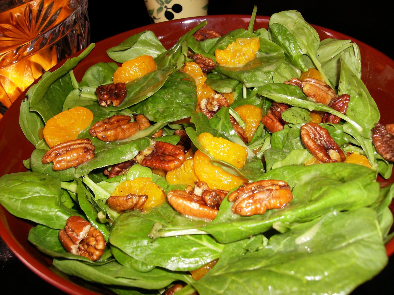 Mediterranean Inspired Food Spinach Citrus Salad with Spiced Pecans