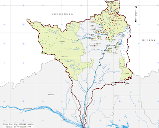 Terras Indígenas e Aldeias na bacia do rio Branco - Mapa: Estudos AAI
