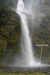 Cory below the 3rd tier of the Sutherland Falls - Milford Track