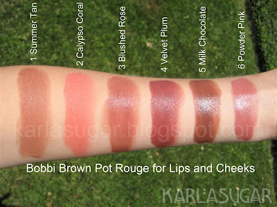 Bobbi Brown, Pot Rouge, swatches, Summer Tan, Calypso Coral, Blushed Rose, Velvet Plum, Milk Chocolate, Powder Pink