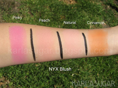 NYX, blush, swatches, Pinky, Peach, Natural, Cinnamon