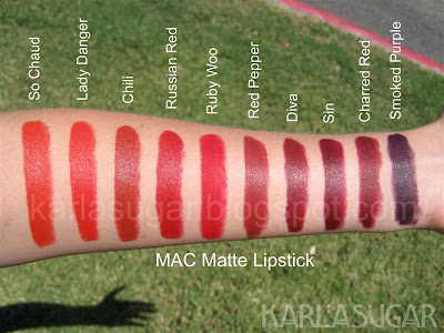 MAC, Matte, lipstick, swatches, So Chaud, Lady Danger, Chili, Russian Red, Ruby Woo, Red Pepper, Diva, Sin, Charred Red, Smoked Purple