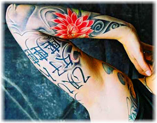 Japanese Flower and Kanji Tattoo on Hand