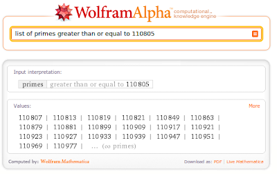 screenshot of Wolfram|Alpha webpage for query 'list of primes greater than or equal to 110805'
