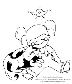 Dibujos para imprimir y colorear: Dibujo de una niña jugando con su gato  para colroear!