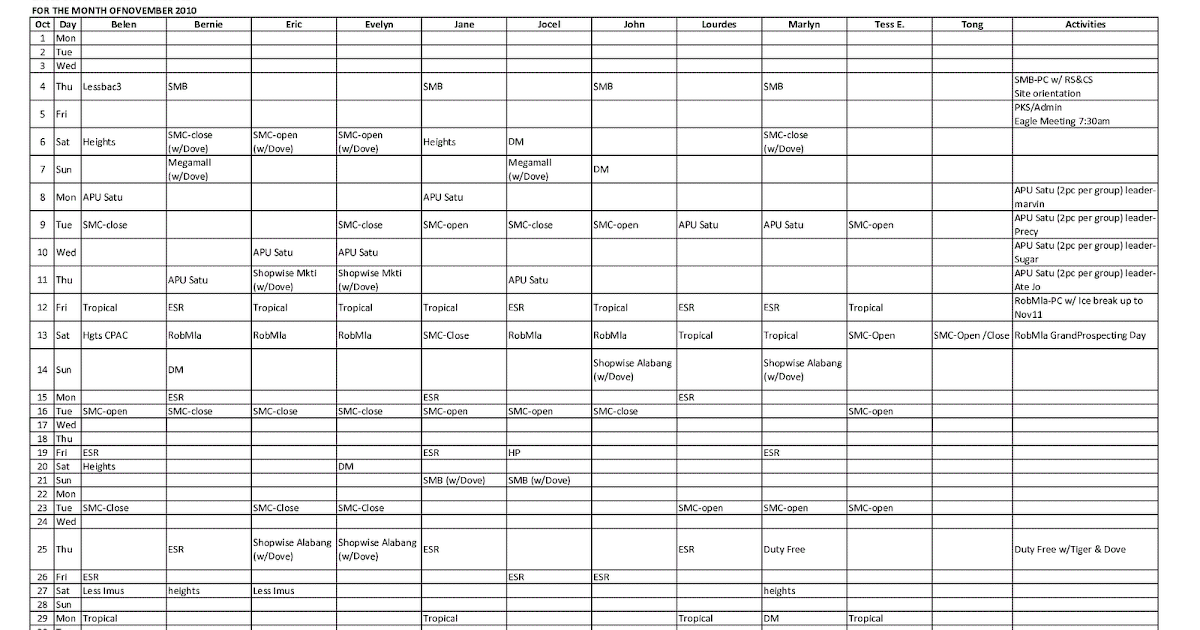 Manning Schedule Manning Schedule (click to enlarge)
