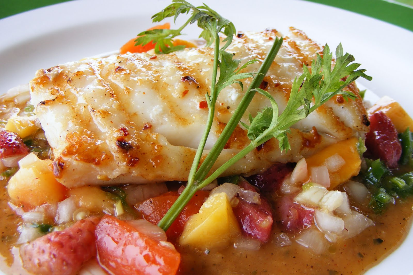 Food and lens Grilled Halibut On Fruit Salsa And Spicy Chipotle Sauce