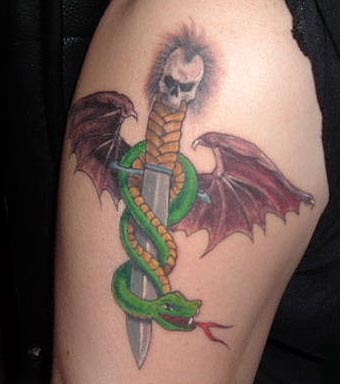 Snake and dagger with skull tattoo.