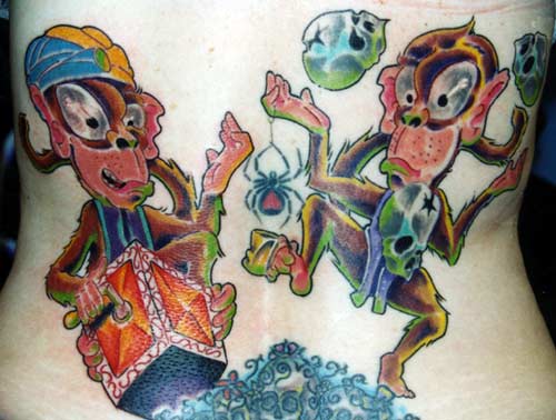 Cartoon dancing monkey tattoo.