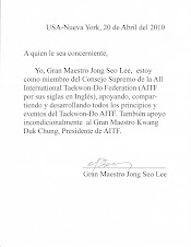 Carta del Gran Maestro JONG SEO LEE al Gran Maestro KWANG DUK CHUNG