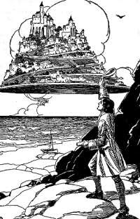 Gulliver hailing the flying island of the Laputians